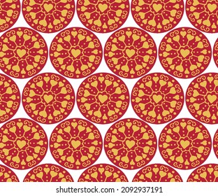 pattern Scandinavian folk art Christmas heart pattern seamless vector. Red and white Nordic style ornament red gold pattern with white  background. 