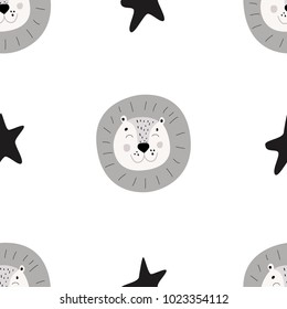 Pattern Scandinavian kids doodles elements monochrome wild animal hand drawn lion smile cute character face & stars