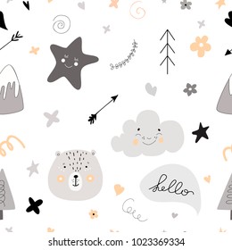 Pattern Scandinavian kids doodles elements monochrome elements cute faces of bear fir tree lettering clouds characters and star background (arrows and smiling star) grey black white yellow