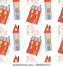 Un patrón de casas escandinavas multicolores, dibujadas a mano de garabatos , planos de dibujos animados . Ilustraciones de edificios, dibujos para niños. Para niños u otros usos de diseño. Sobre fondo blanco.