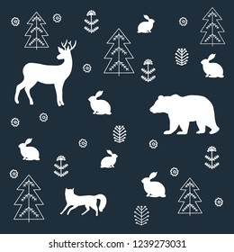 Pattern  in  Scandinavian style,  fox,  bear,  deer,  hare,  wood,  dark background, hand drawing,  vector illustration