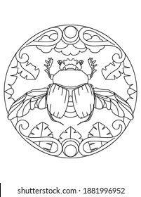 Pattern with Scarab beetle. Mandala illustration of an beetle. Scarab beetle insect in a circular frame. Insect coloring page for kids and adults.