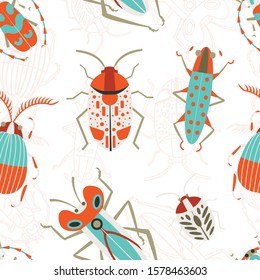 Pattern with scarab, leaf bugs and Rosalia longhorn tropical beetle. Seamless entomology background with unusual exotic insect elements for prints, fabric and gift wrapping paper.