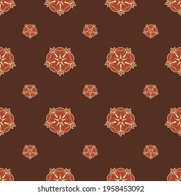 Pattern with scarlet and flesh heraldic rose on brown background