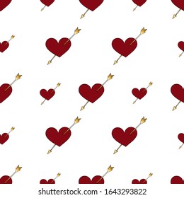 Pattern of scarlet hearts pierced by an arrow. Love symbol on an isolated background. Romantic ornament. The idea for the cover, Wallpaper, fabric, case. Vector. Valentine day, wedding. Holiday print.