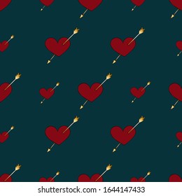 Pattern of scarlet hearts pierced by an arrow. Love symbol on a green background. Romantic ornament. The idea for the cover, Wallpaper, fabric, case. Vector. Valentine day, wedding. Holiday print.