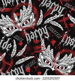 Pattern with scary masquerade mask, feathers, red eyes behind, text Harpy inside. Concept of insane rebellious character, inner strenght For prints, tattoo, clothing, t shirt design. Trash polka style