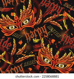Patrón con máscara de mascarada aterradora, plumas, ojos amarillos detrás, texto Harpy dentro. Concepto de demente carácter rebelde. Para impresiones, tatuajes, ropa, camiseta, diseño de superficie