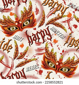 Pattern with scary masquerade mask, feathers, yellow eyes behind, text Harpy inside. Concept of insane rebellious character, inner strenght For prints, clothing, t shirt, surface design