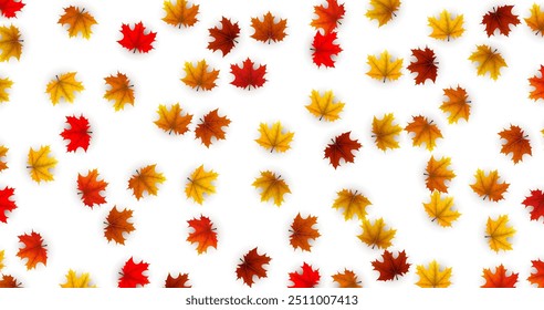 Pattern of scattered autumn maple leaves in vibrant red, orange, and yellow tones. Vector illustration.