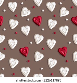 A pattern of scattered beads with shadows and red and white candy in the form of a heart on a gray background. Suitable for printing on textiles and paper. Festive packaging for Valentine's Day.