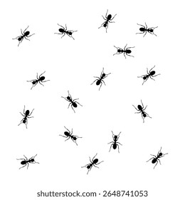 Pattern of scattered black ants on a white background. Repeating insect design perfect for wallpapers, textiles, backgrounds, or nature-themed decorations