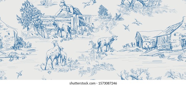 Muster mit Szenen des ländlichen Lebens mit Haus, Schafe, Menschen, Bäume in blau auf grauem Hintergrund im Toile de jouy Stil