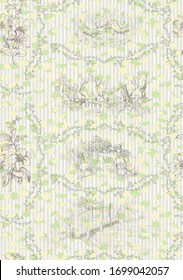 Pattern with scenes with farm, village life in frame from leaves and flower buds on background with stripes and small flowers in toile de jouy stile 