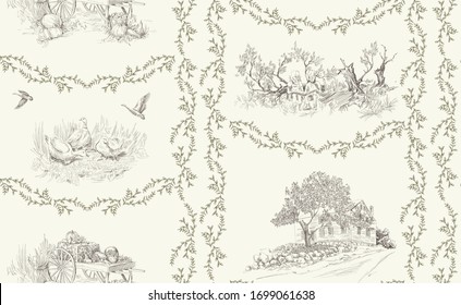 Pattern with scenes of landscape from village with children reading book near broken tree, ducks, country house with floral frames in toile de jouy style in  beige colors.