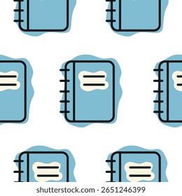 Pattern with a school blue notebook icon, combining line art style and abstract color spots, for school print, textile or other various designs