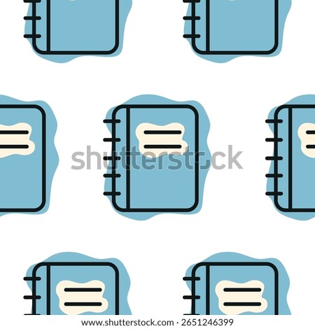 Pattern with a school blue notebook icon, combining line art style and abstract color spots, for school print, textile or other various designs