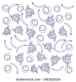 pattern of school buildings with clocks and pencils