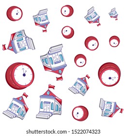 pattern of school buildings with clocks time vector illustration design