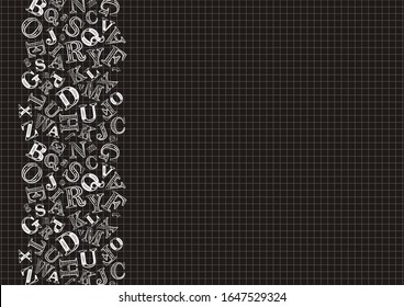 Pattern with school cells and letters. White letters on a black background. Blank for school design, poster, booklet, notebook, cover, stand, presentation or postcard. Vector illustration.
