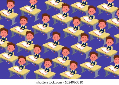 Pattern of school children at the desk. Many children in the classroom