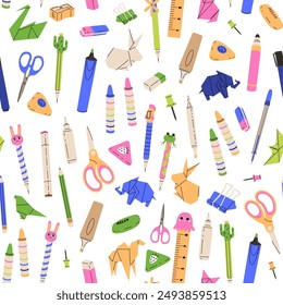 Pattern with school stationery and study items. Cute background with accessories for students. Items for learning, creativity and hobbies. Vector illustration isolated on transparent background.