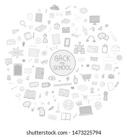 Pattern with school supplies. Back to school. Hand drawn infographic elements. Black and white illustration