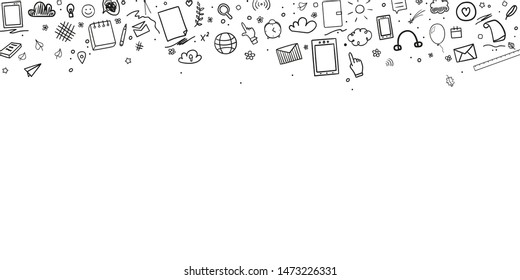 Pattern with school supplies. Back to school. Hand drawn infographic elements. Black and white illustration