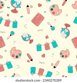 Pattern school supplies: backpack, pencils, brush, paints, pencil case, table lamp, notepad, book, glue, hot dog, french fries, marker, bottle of water, globe. Back to school. Doodle. 
 Vector illustr