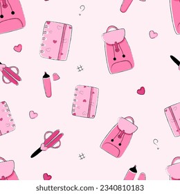 Pattern school supplies backpack, pencils, brush, paints, pencil case, table lamp, notepad, book, glue, globe. barbie style. Pink color. Doodle.
 vector illustration.
