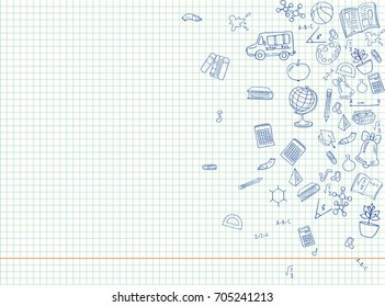 Pattern of school supplies. Doodle drawings drawn with a pen in a notebook. Vector illustration. Paper for education in a cage