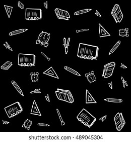 Pattern with school supplies. Drawing books, pencils, rulers, watches