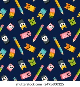  Pattern of school supplies, erasers with funny animals, colored pencils, vector illustrations