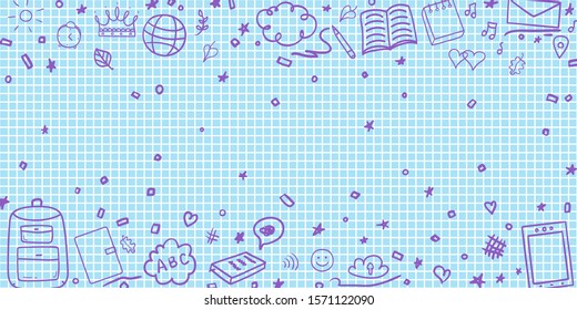 Pattern with school supplies. Graphic paper background. Checkered texture. Back to school. Hand drawn elements in a line style