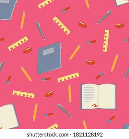 patrón con material escolar en un fondo rosa brillante. papel para escribir y dibujar: cuadernos, bolígrafo, lápiz, regla, borrador y afilador. vector. fondo para imprimir en postales