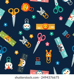 Pattern school supplies, rulers, paper clips, scissors, vector illustration