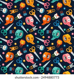Pattern of school supplies, scotch tape, paper clips, scissors, with funny animals, flowers, vector illustration