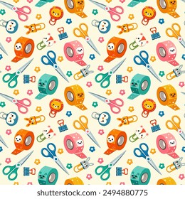 Pattern of school supplies, scotch tape, paper clips, scissors, with funny animals, flowers, vector illustration