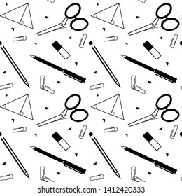 
Pattern with school supplies. 
Seamless background.