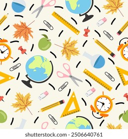Pattern of school things on a light yellow background.