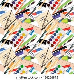 pattern, school utensils , pen, pencil , ink , brush, compass , notebook , ruler, vector graphics