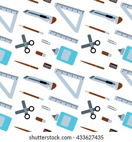 Pattern of schools supplies from student's backpack. Vector flat illustration. 