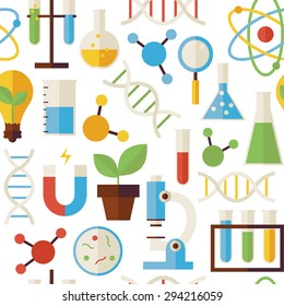 Pattern Science and Research Objects isolated over White. Flat Style Vector Seamless Texture Background. Collection of Chemistry Biology Physics and Research Templates. Back to School. 