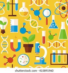 Pattern Science and Research Objects over Yellow. Flat Style Vector Seamless Texture Background. Collection of Chemistry Biology Physics and Research Templates. Back to School. 