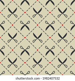 pattern of scissors and dashed lines on a wheat background. seamless background 