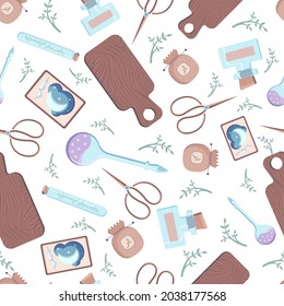 Pattern with scissors, pouches, boards, herbs, flasks, bottles, tarot cards in brown, blue, green, purple colors on white background. Wiccan backdrop.