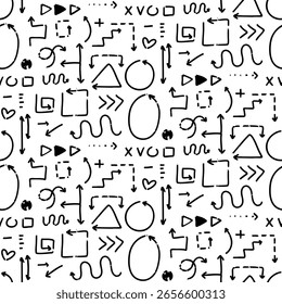 pattern of scribble arrows. Vector arrows in different directions and various signs. wide broken line of many dots indicating direction. hand-drawn sketch arrow designs for business plans, education