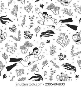 Pattern with scuba diver, corals and seaweed. Man diving in the sea. Vector seamless hand-drawn texture.