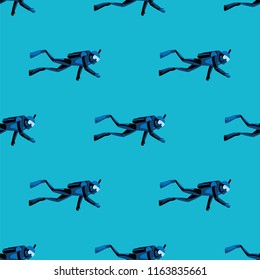Pattern scuba diver diving under water on blue sea background. Diving in ocean and sea, underwater swimming and water sport