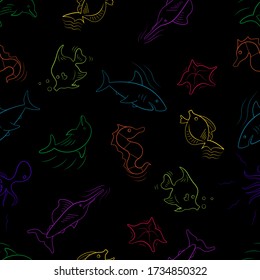 pattern of sea animals in the Doodle style. Seahorse, shark, swordfish, aquarium fish, lemon fish, octopus, Dolphin, starfish. Bright animal outlines on a black background. Vector.use for children's 